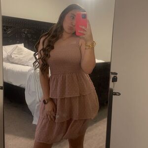 Elegant Pink Layered Dress with pink textured polka dots w tied shoulders straps